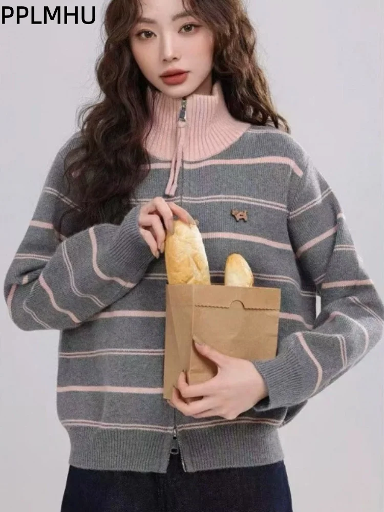 

Turtleneck Striped Knitted Sweater Jackets Women's Casual Fashion Stand-Up Collar Cardigans Long Sleeved Knitwear Top Gilet