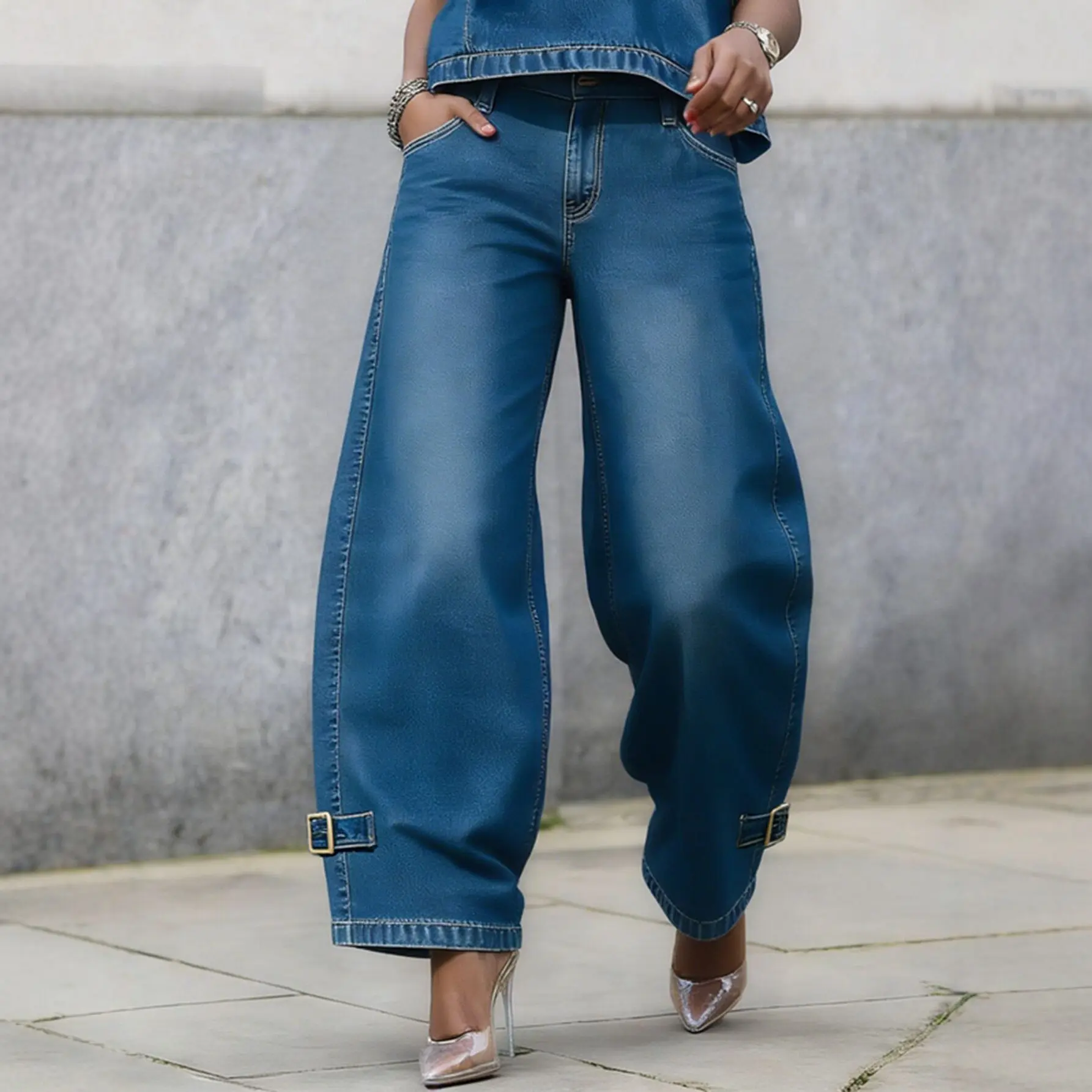 

2026 New American Retro Women's Jeans Blue High-Waisted Wide-Leg Denim Trousers Casual Loose Baggy Jeans with Buckles
