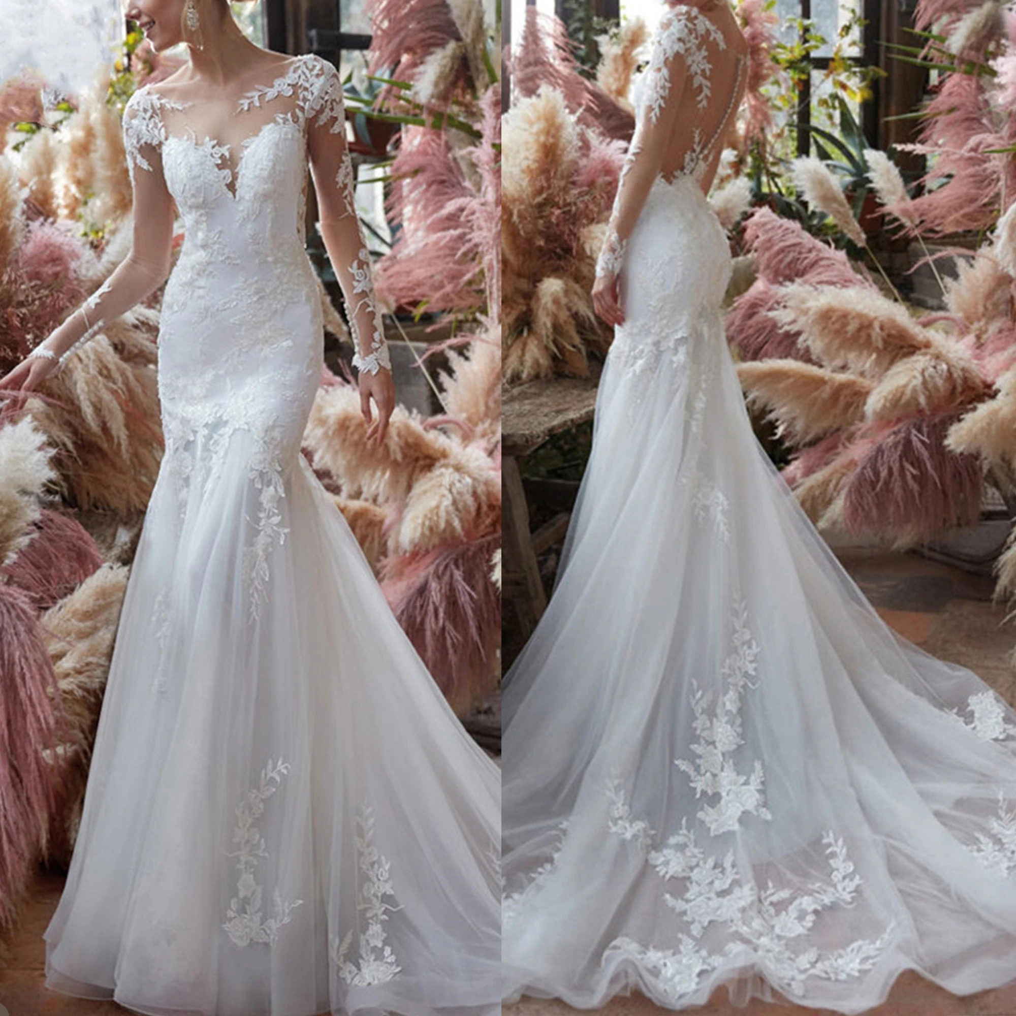 

Luxury Mermaid Wedding Dress O-Neck Appliques Bridal Gown Long Sleeves Sweep Train Skirt In Stock