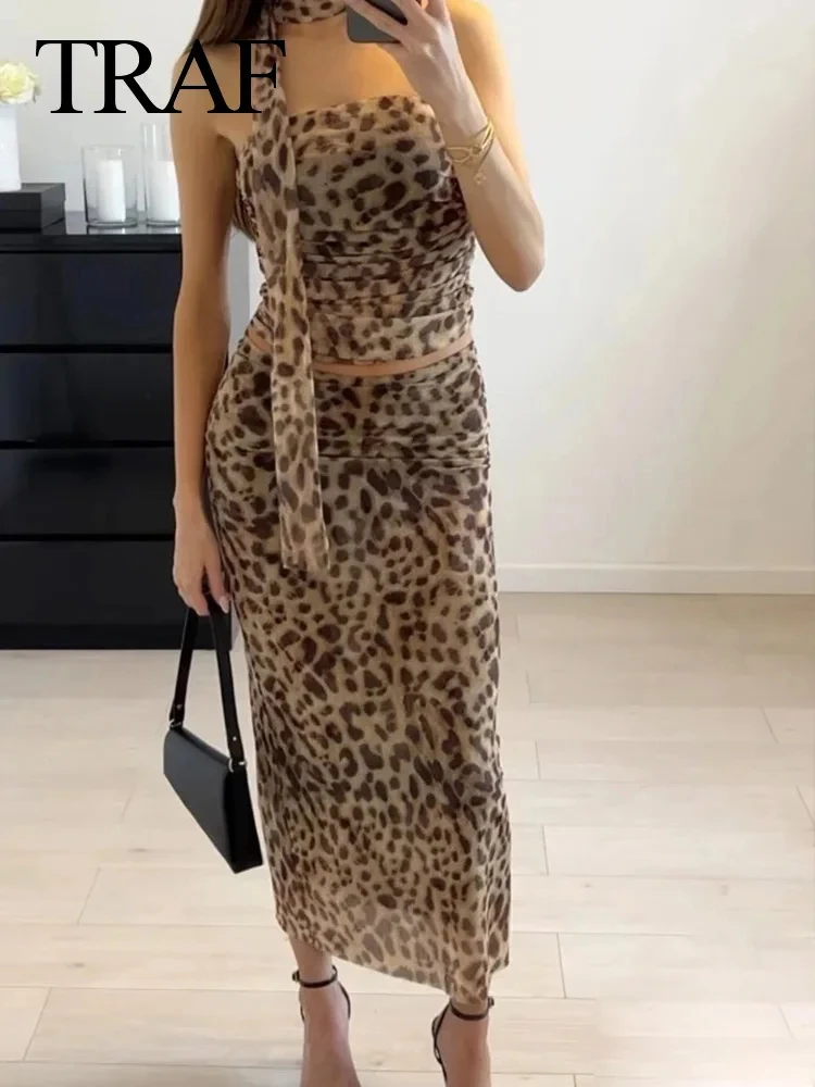 TRAF Vintage Women Tulle Leopard Printed Midi Skirt Sets 2024 Female 2 Pieces Fashion Corsets Top Lady Skirts Set Women Outfit