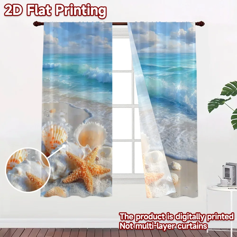 2D flat printing 2pcs Curtain Party Curtains Beach Shells and Starfish Digital Printed Polyester Drapes Family Party for Parties