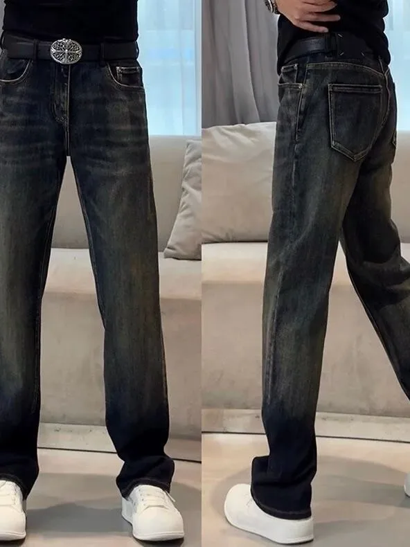 

Американские уличные легкие синие джинсы с завышенной талией, мужские осенние модные свободные повседневные брюки, прямые длинные брюки