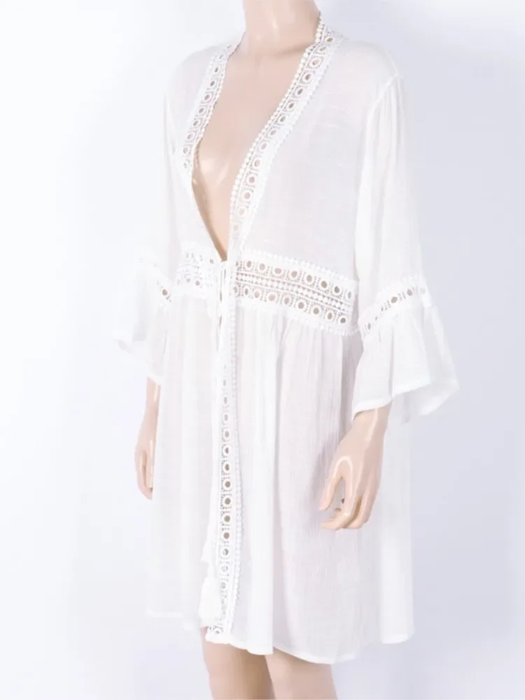 Summer Cover Ups Women Swimsuit Wrist Sleeve Robes Bathing Suit 2025 New White Beach Holiday Mini Dresses Cover-Up