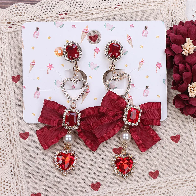 Japanese Style Girl Sweet Heart Shape Rhinestone Red Earrings Clip Customized Beaded Handmade 925 Silver Pin Earrings Ladies