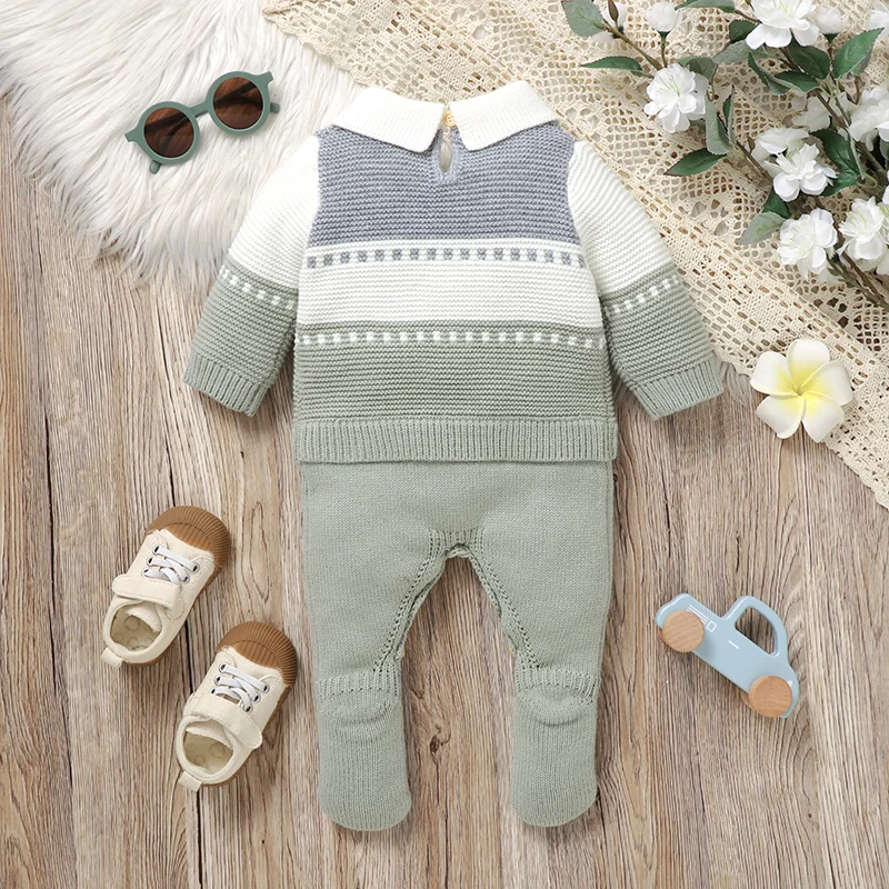 Baby Romper Knit Infant Kid Clothes 0-9M Fashion Turn-down Striped OverallsNewborn Girl Boy Jumpsuit Long Sleeve Foot Wrap Fall
