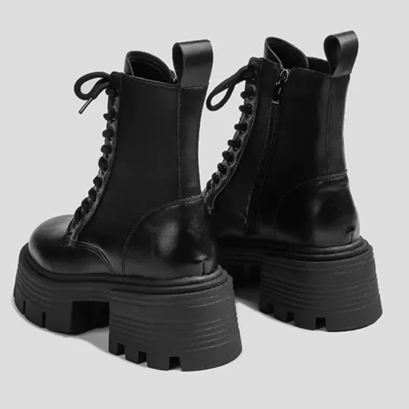 Crossover Strap Shoe for Womens Round Toes Chunky High Heels Pleated Female Short Boots Solid Tacones Sewing Lines Zapatos Mujer