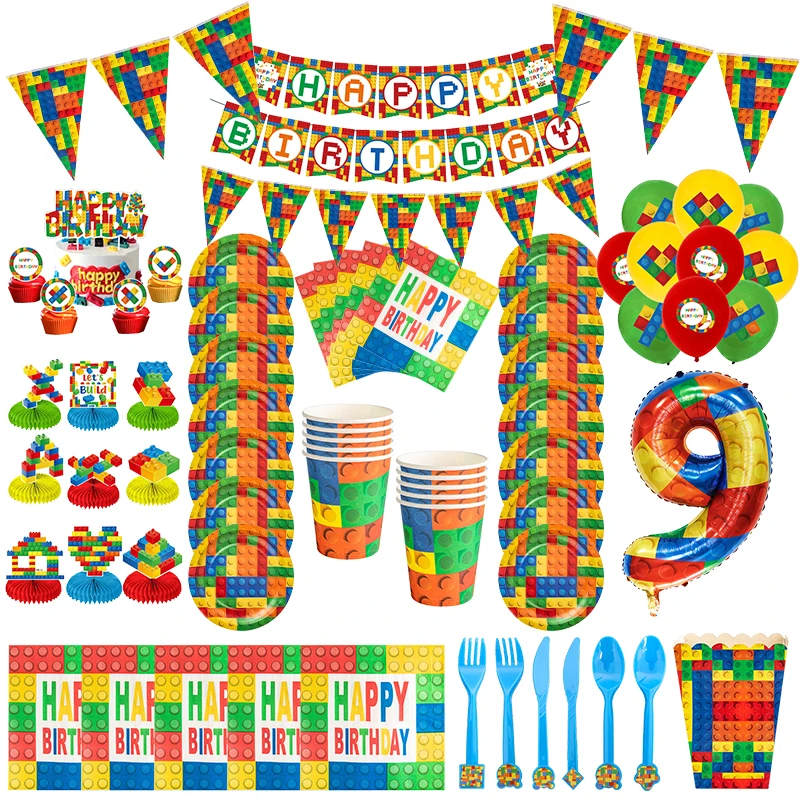 Building Blocks decorazioni di compleanno giocattoli per bambini forniture per feste a tema stoviglie usa e getta tovaglia palloncini Baby Shower