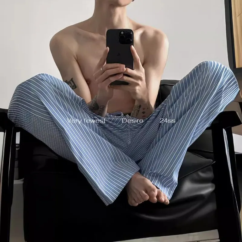 

Couples Pants American Blue Stripes Patchwork Checkered Wide-leg Trousers Home Wear Outerwear Skin-friendly Versatile Loose