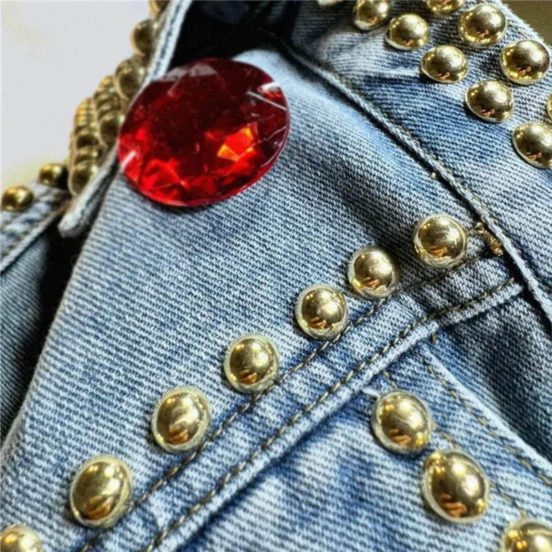 Heavy Work Rivet Diamond Big Pocket Denim Jacket Blue Casual Short Cardigan Coat Lapel Long Sleeve Female Jeans Jacket Spring - Image 4