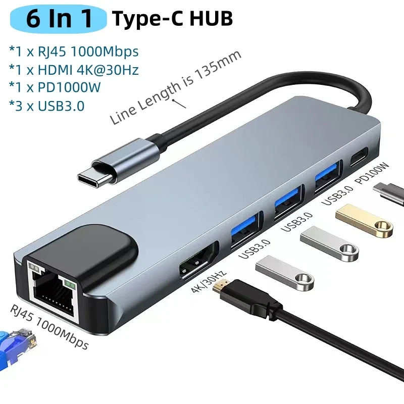 Док-станция Type-C USB C Hub 3.0 Разветвитель Многопортовый адаптер 4K 30 Гц HDMI RJ45 PD100W для ноутбука MacBook Ipad Huawei
