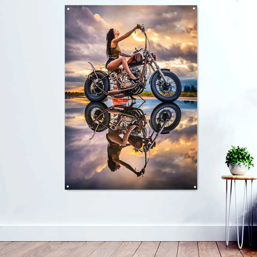 

Bike Girl Motorcycle Posters & Prints For Boys Room Banner Wall Art Flag Mural Pub Club Man Cave Bar Garage Wall Decor Painting