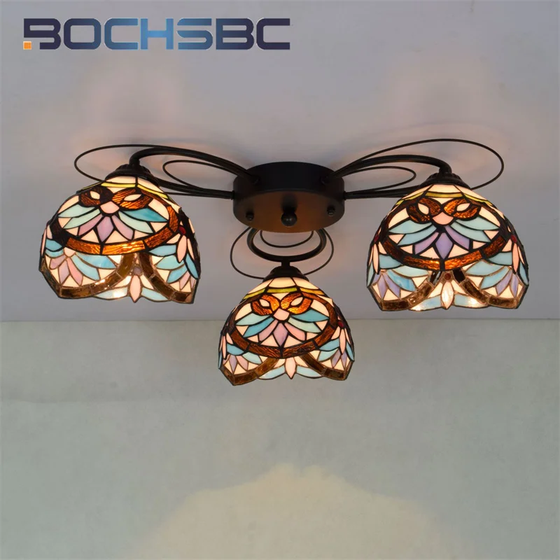 BOCHSBC Tiffany stained glass ceiling light Retro style deco living room Tea Dining Room Bedroom Study bar Baroque overheadlight