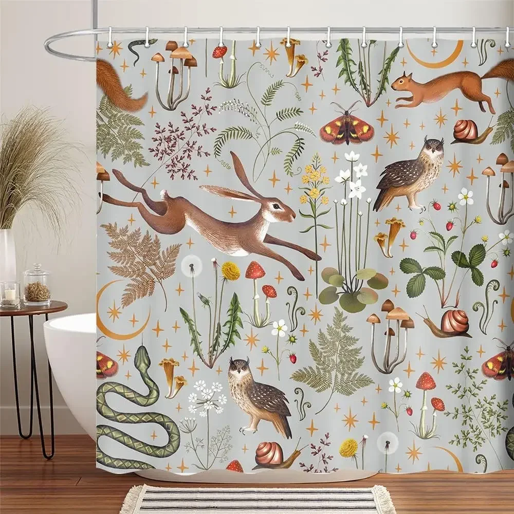 Fairy Village Forest Shower Curtain, Home Bathroom Decoration Woodland Wildlife Pattern Shower Curtain with Hook