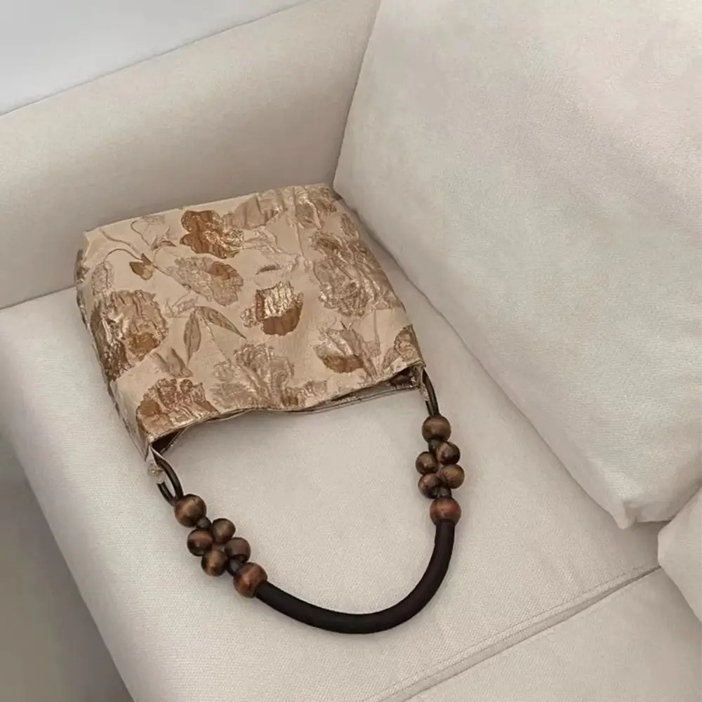 Bolso de hombro de tela Jacquard Retro de estilo chino, bolso de mano con cuentas de madera, bolso de mano con textura, Asa tejida