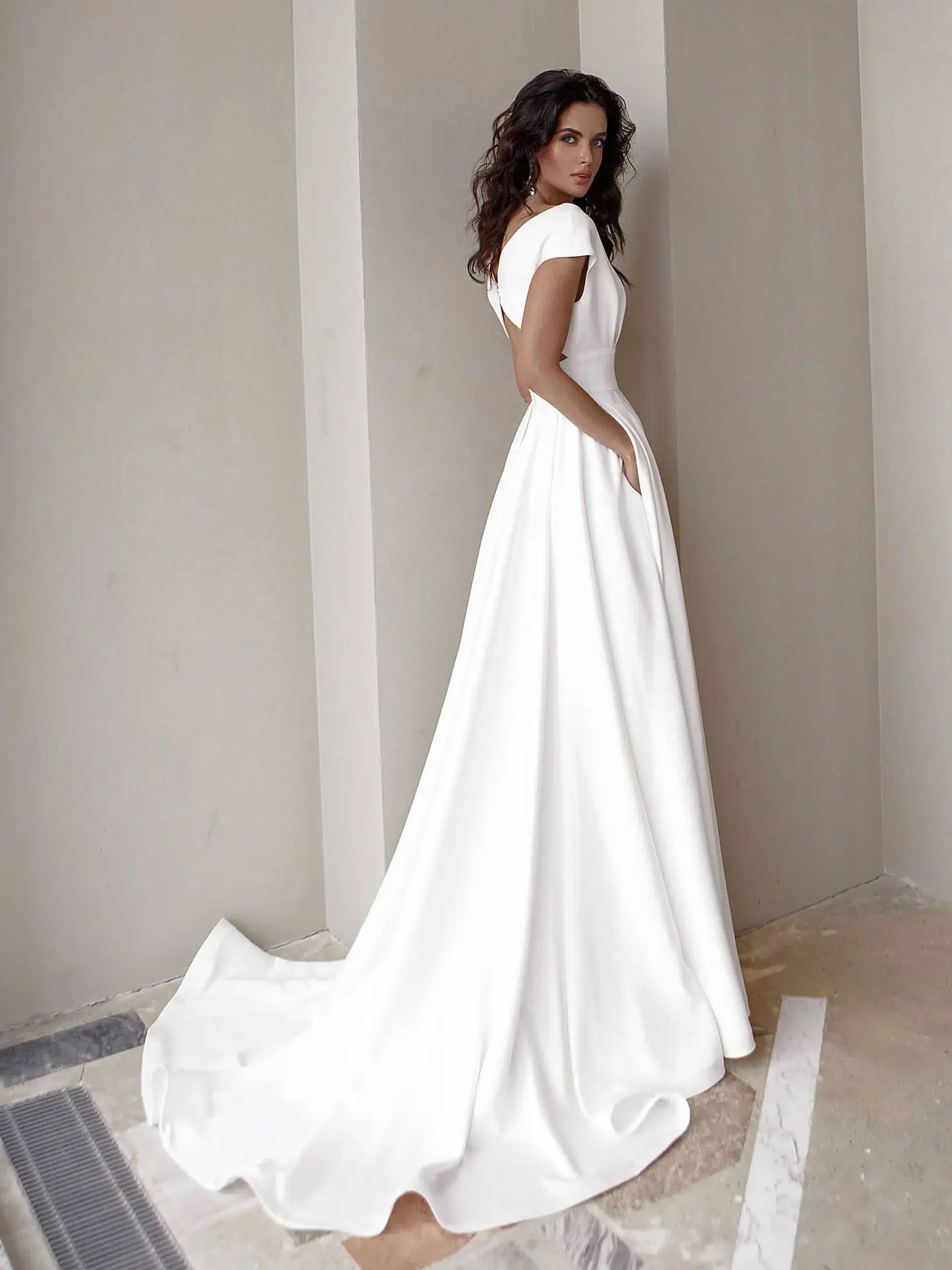 Prom Maxi Dress for Women Wedding Party Cloth V-neck Solid Backless Short Sleeve Mopping Long Skirt Vestidos Woman White Dresses