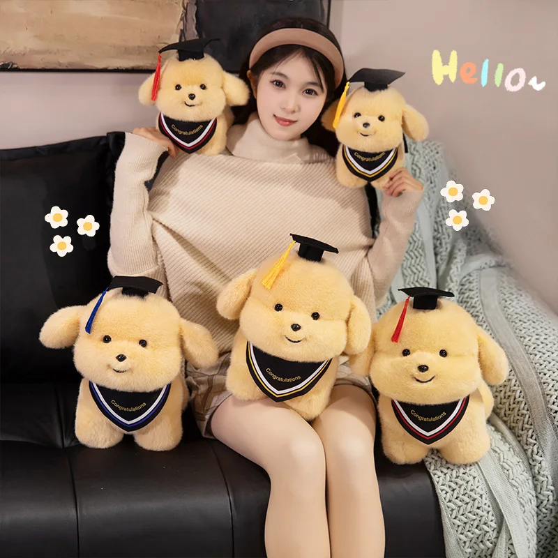 

23/33cm Doctor Cap Cartoon Dog Plush Toy Stuffed Yellow Standing Kawaii Animal Doll Graduation Party Gift