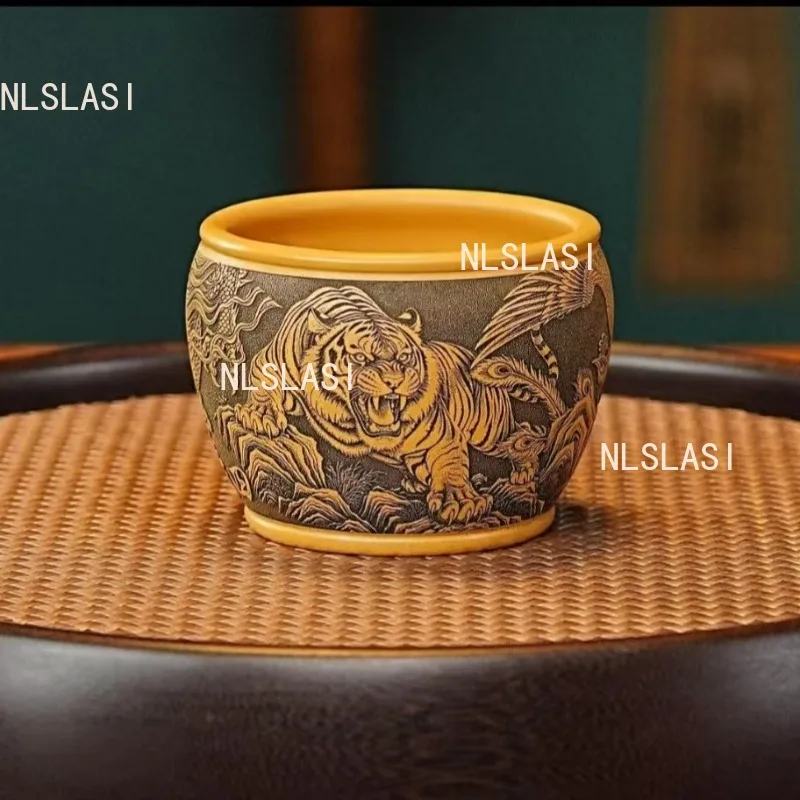 Dragon Phoenix Purple Clay Teacup Fully Carved Tea Cup Chinese Style Large Capacity Tea Cup Home Master's Cup Teaset Accessories