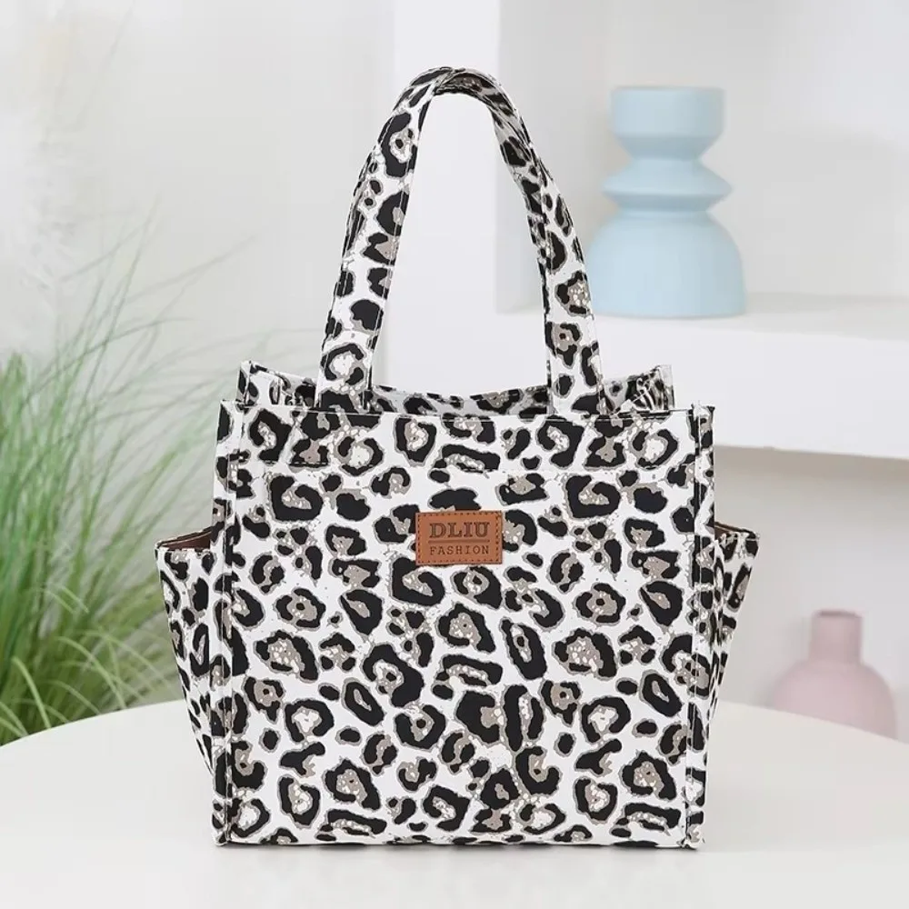 

Durable Retro Leopard Print Lunch Bag Large Capacity with Storage Pouch Insulated Lunch Box Handbag Portable Tote Bag Women