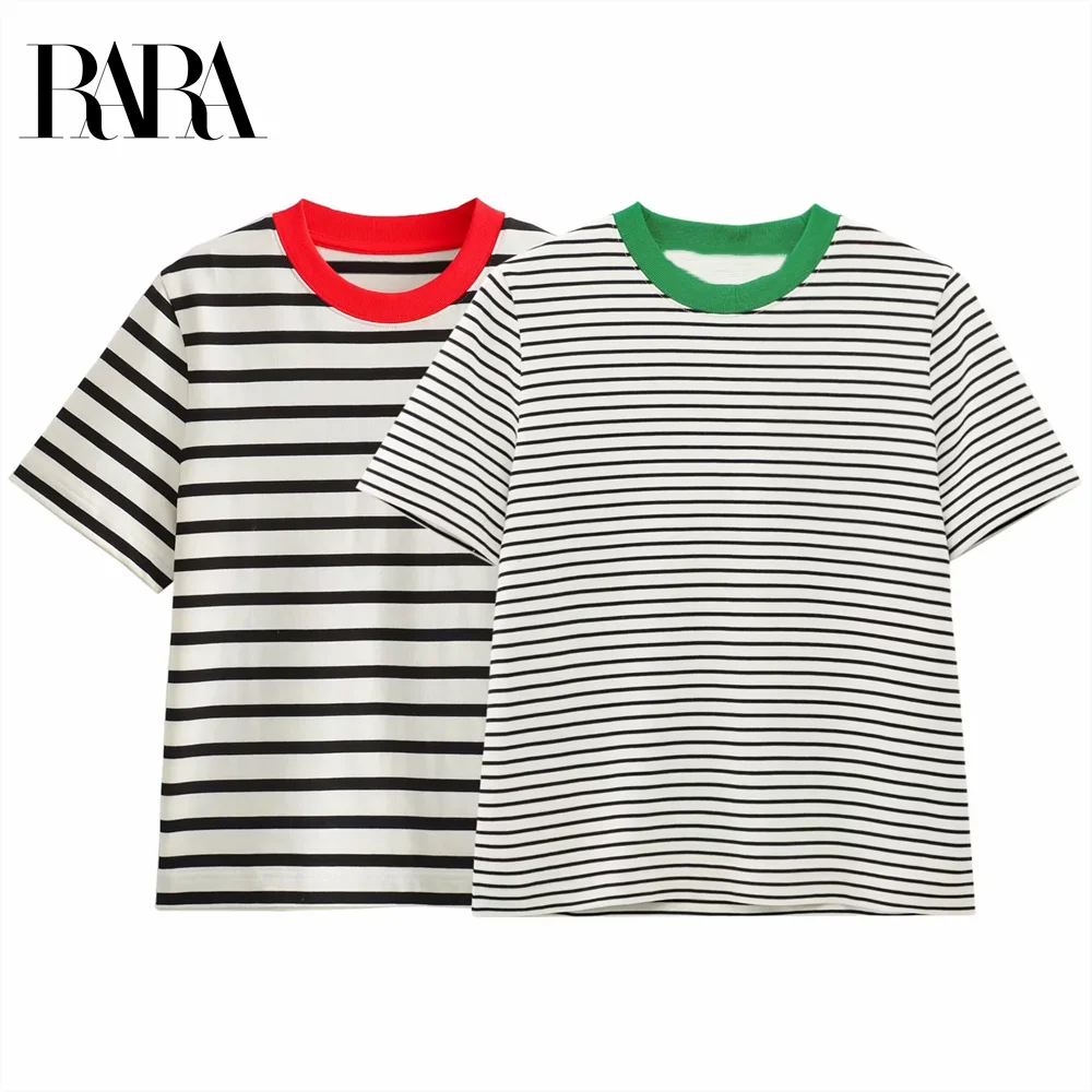 

2025 RARA Ladies Short Sleeve T Shirts Striped Style with Distinctive Red and Green Collar for a Trendy Look