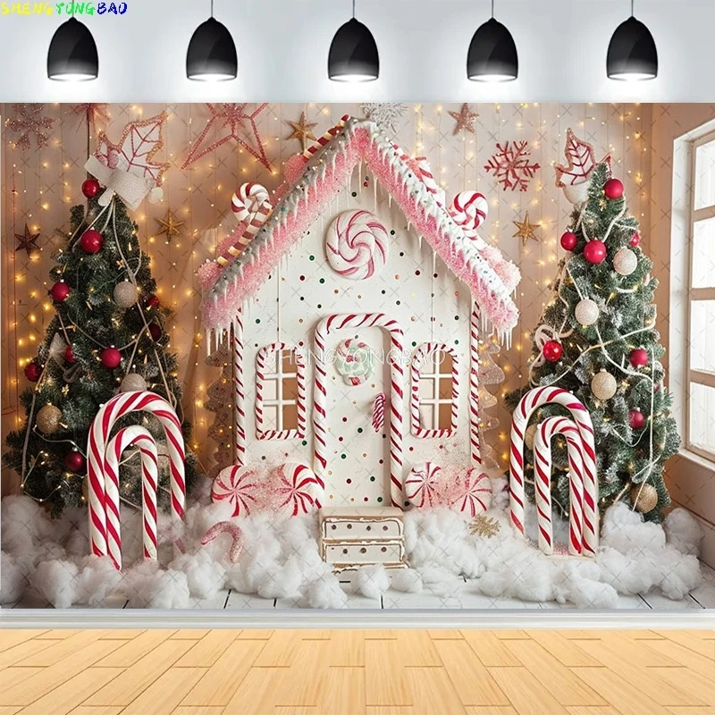 

Christmas Day Bell Wreath Golden Child Photography Backdrop Props Family Portrait Gingerbread House New Year Background CT02