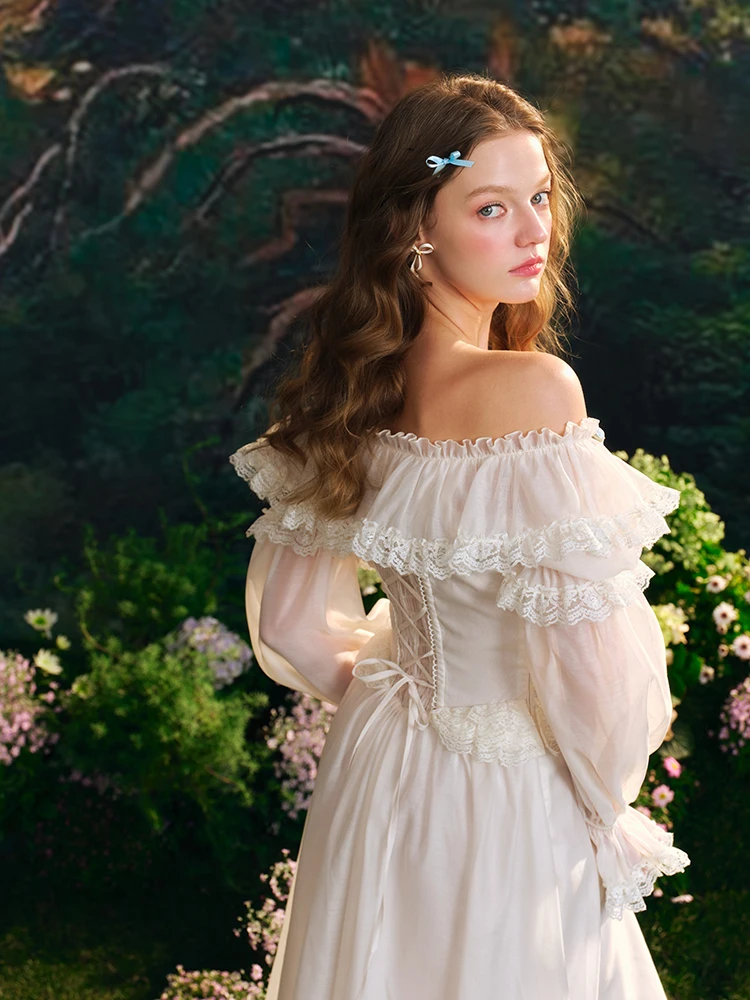 TIYIHAILEY Jesienna Sukienka Damska Długa Maxi z Bufiastymi Rękawami XS-XL Vintage z Wysokim Stanem Koronkowa Dekolt typu Slash Białe Sznurowanie 2025