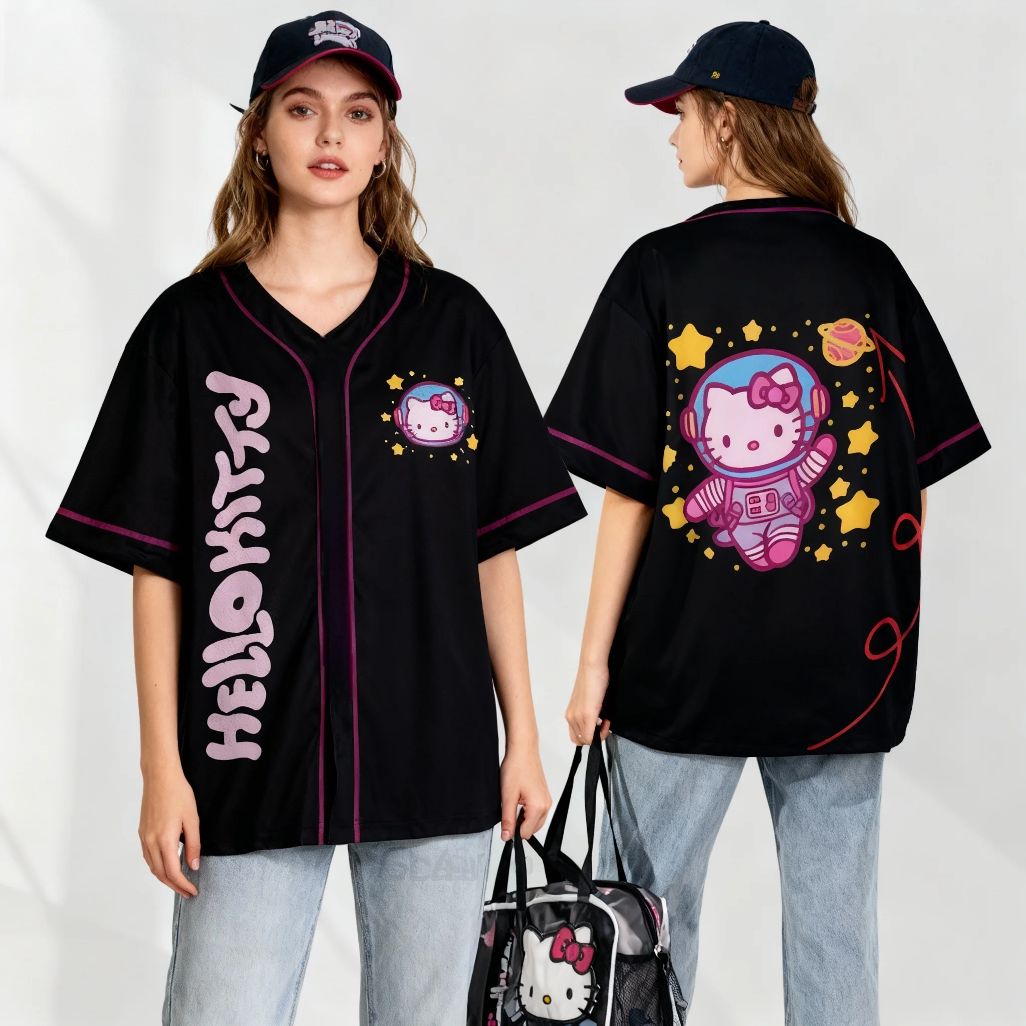 قميص سانريو فاميلي كورومي هالو كيتي تي شيرت صيفي حلو ورائع للشارع الأمريكي مقاس كبير للسيدات البالغات طراز جديد