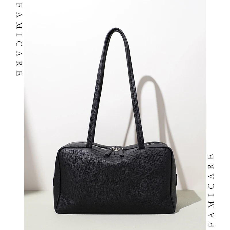 Lady Solid Color Timeless Genuine Leather Boston Underarm Bag Women Minimalist Versatile Casual Handbags Spacious Shoulder Bag