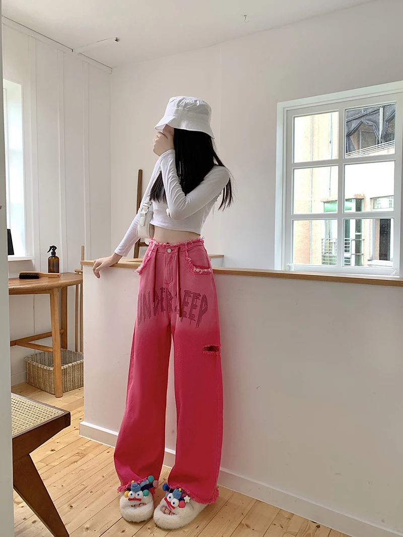 Vintage Pink Letter Printed Y2k Baggy Jeans Women American Style Rough Hemmed Trousers High Waist Drawstring Women\'s Pants