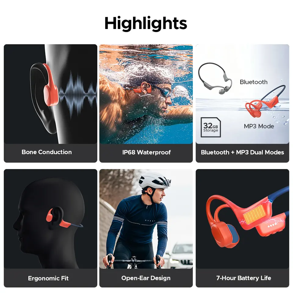 سماعات توصيل عظمي DOOGEE BoneBeat Swim، بلوتوث 5.4، مقاومة للماء IP68، سماعات رياضية لاسلكية للجري وركوب الدراجات - 2