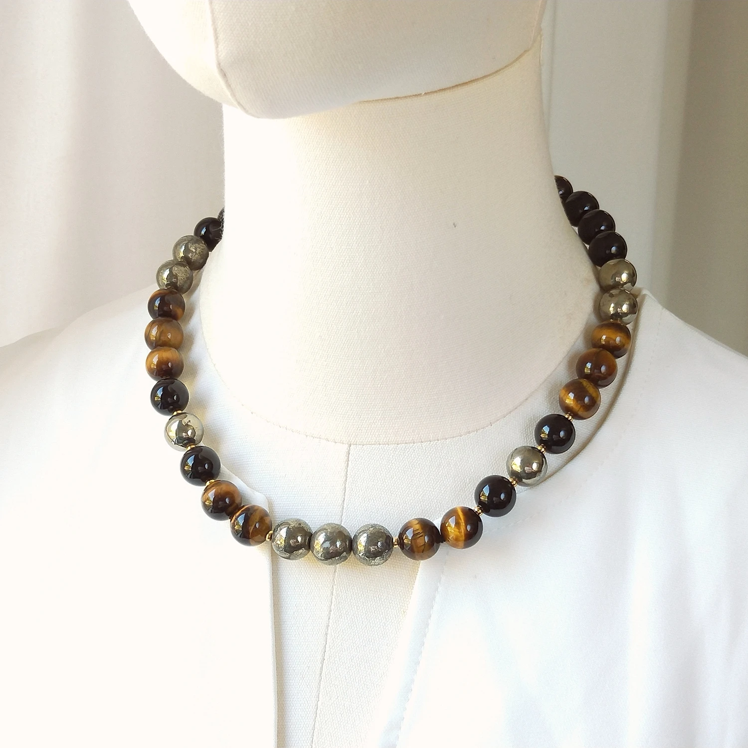 

Lii Ji 12mm Tiger's Eye Pyrite Black Agate Multi Stone Stainless Steel Gold Color Necklace 48cm Trendy Necklace For Male