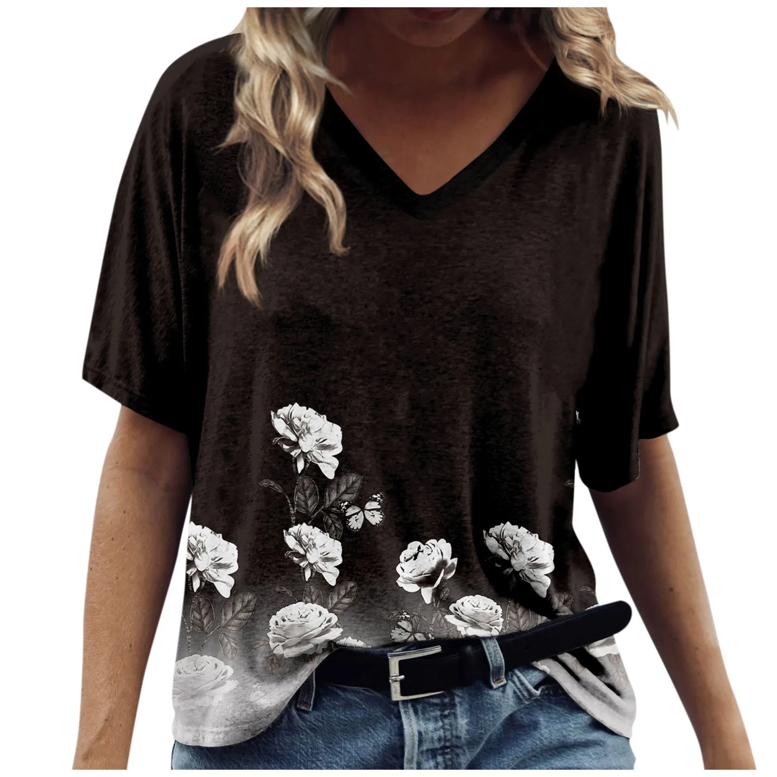 Summer New Women'S Versatile Trendy T-Shirt Women'S Casual Fashion Tops Fashion Flower Print Short Sleeved T-Shirt Ropa Mujer