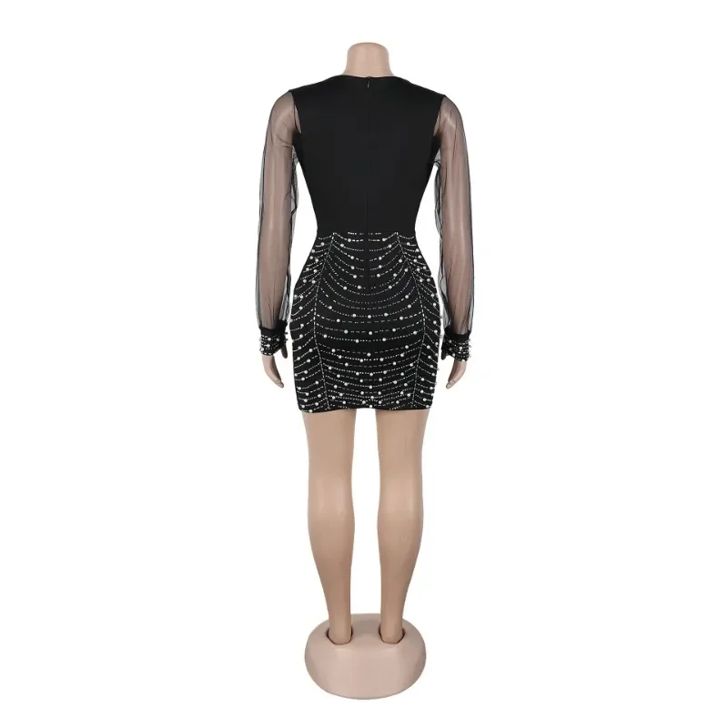 Pearls Rhinestones Bodycon Mini Club Party Dress Women Sexy Deep V-neck Sheer Mesh Long Sleeve Ruched Slim Birthday Outfits