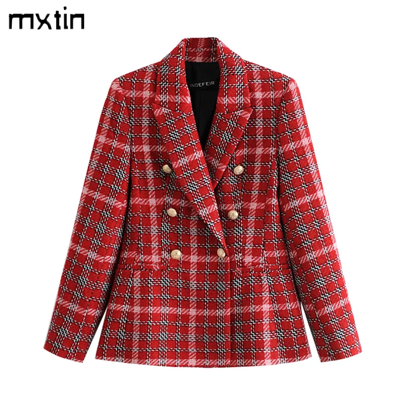 

Women's Double Breasted Plaid Blazers and Jackets Work Office Lady Autumn Women Suit Slim Business Female Blazer Coat Talever