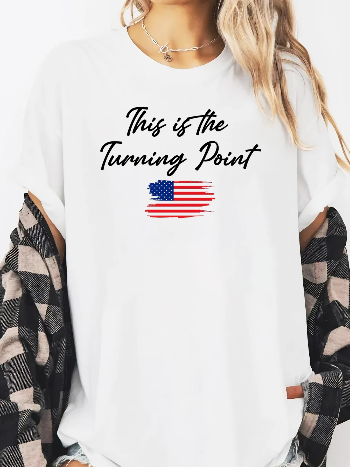 This is the Turning Point USA Flag Print T-Shirt Independence Day Casual Tee Women Everyday Wear White Plus-size