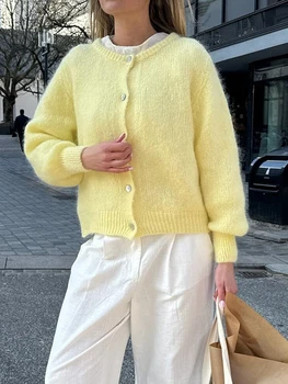 المرأة مريح بلون بالأزرار ربيع الخريف زر أسفل تريكو سترة معطف Preppy Y2K خمر محبوك سترة