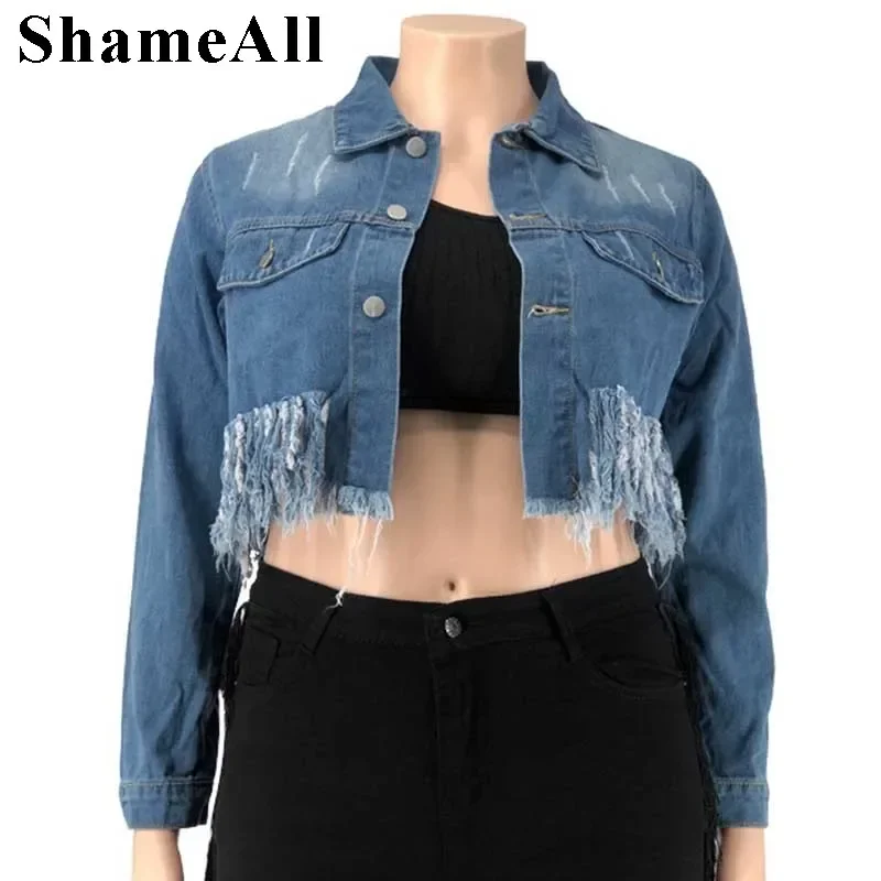 Plus Size Streetwear Fringe Tassel Short Cropped Denim Jacket 5xl Spring Autumn Big Breast Women Distressed Basic Coat Outwear