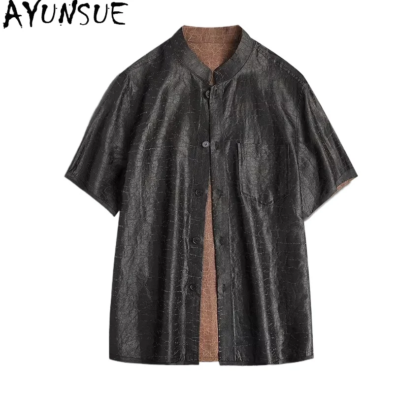 

AYUNSUE 100%Natural Mulberry Silk Shirt for Men Summer Top High Quality Watered Gauze Short Sleeve Shirts Reversible Black Shirt
