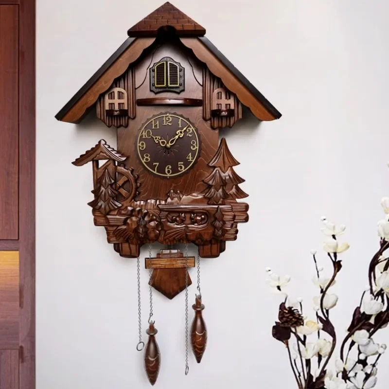 Solid Wood Large Cuckoo Clock Retro Wooden Wall Clocks Interior Decoration Living Room Wall Clock Home Ornaments Accessories