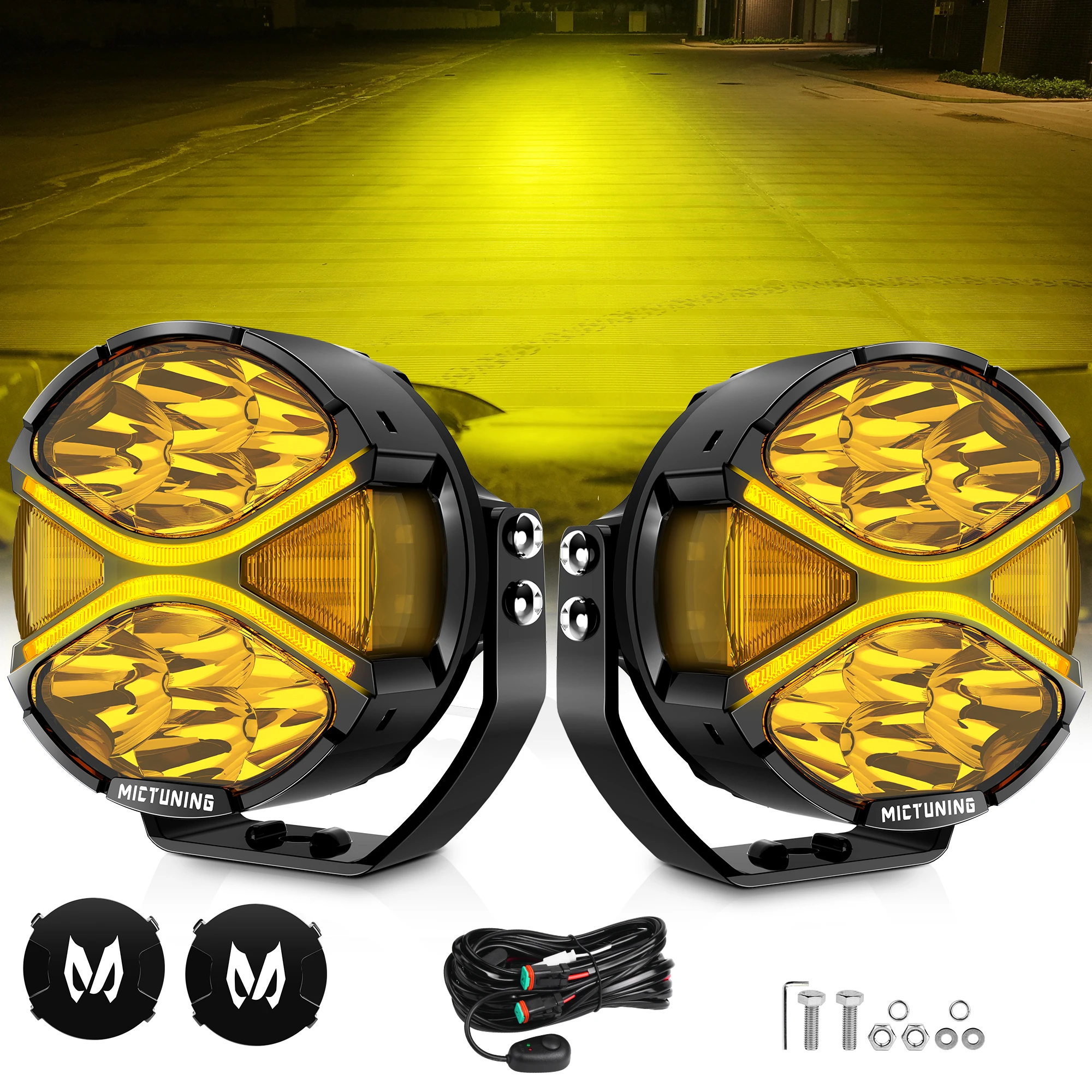 

MICTUNING LED Round Light Pods 4",DRL Amber Turn Signal,IP68 Waterproof Auxiliary Offroad Driving Ditch Flood Fog Yellow Lights