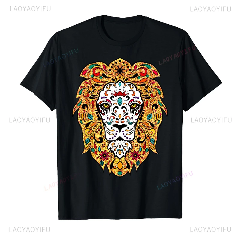 

Хэллоуин День мертвых Calavera Лев Сахар Череп Блестящая футболка Унисекс Хлопковая рубашка с круглым вырезом Удобные топы с короткими рукавами
