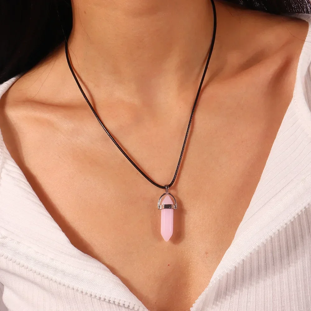 Natural Stone Pendant Necklace Women PU Leather Glass Hexagonal Column Pointed Reiki Chakra Lapis Opal Chunky Jewelry
