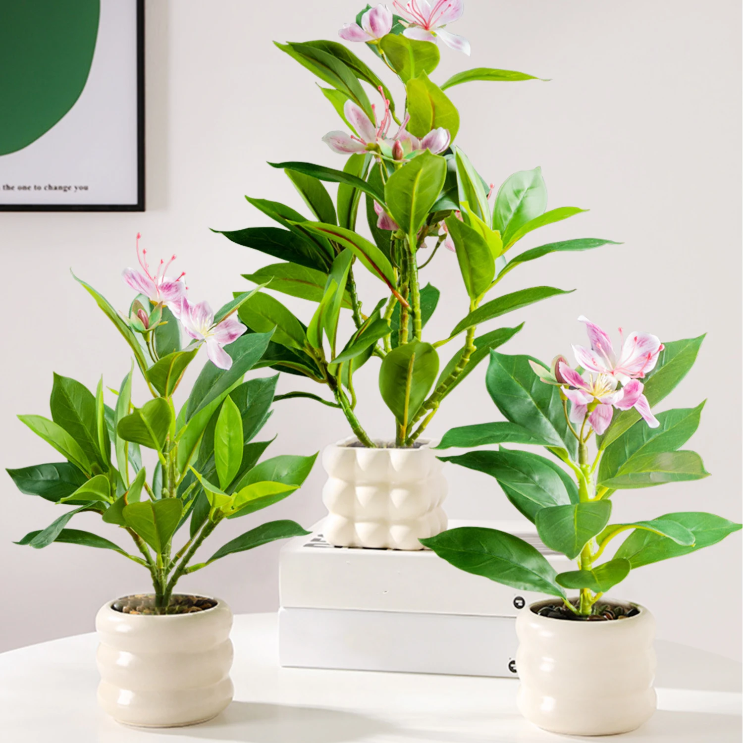 Planta azalea rosa de simulación de 20-40cm, árbol de goma falso, hoja de palma tropical, árbol de Banyan de imitación con flor de plástico