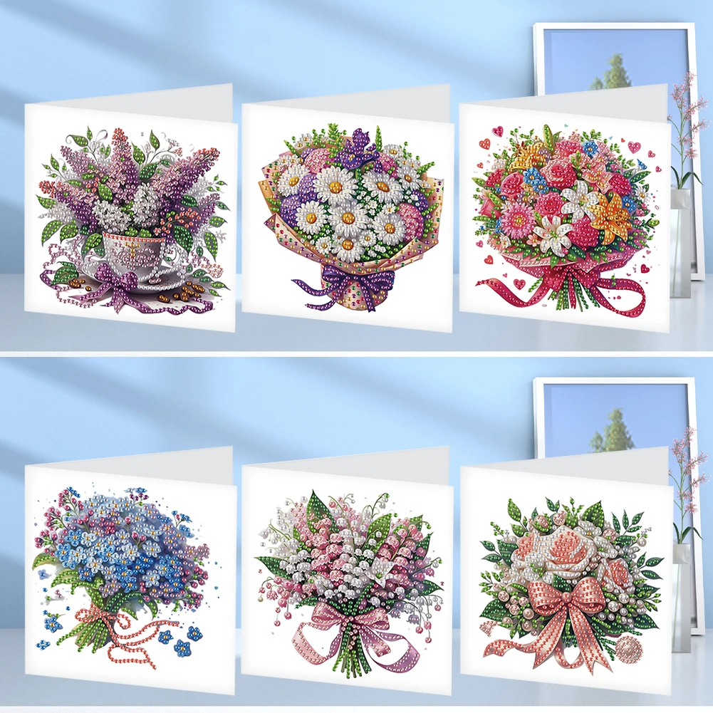 

6Pcs Bouquet DIY Diamond Painting Card Rhinestone Painting Card Kit Diamond Painting Greeting Card for Holiday Party Favors
