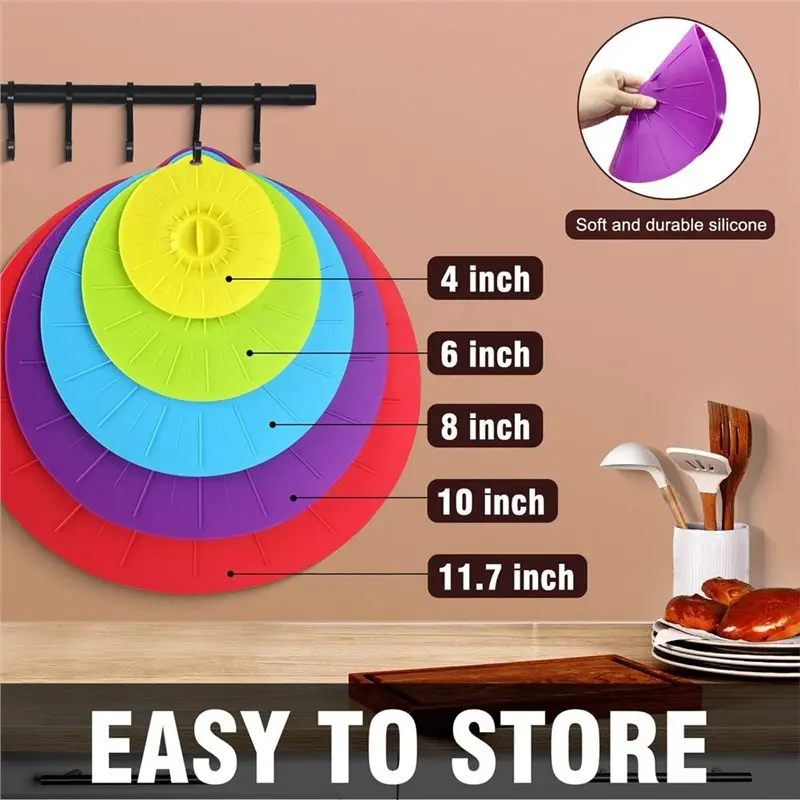 AT63-Reusable Suction Lids 5-Pack Silicone Microwave Cover Heat-Proof For Bowls, Cups, Pots, Pans Fridge Safe