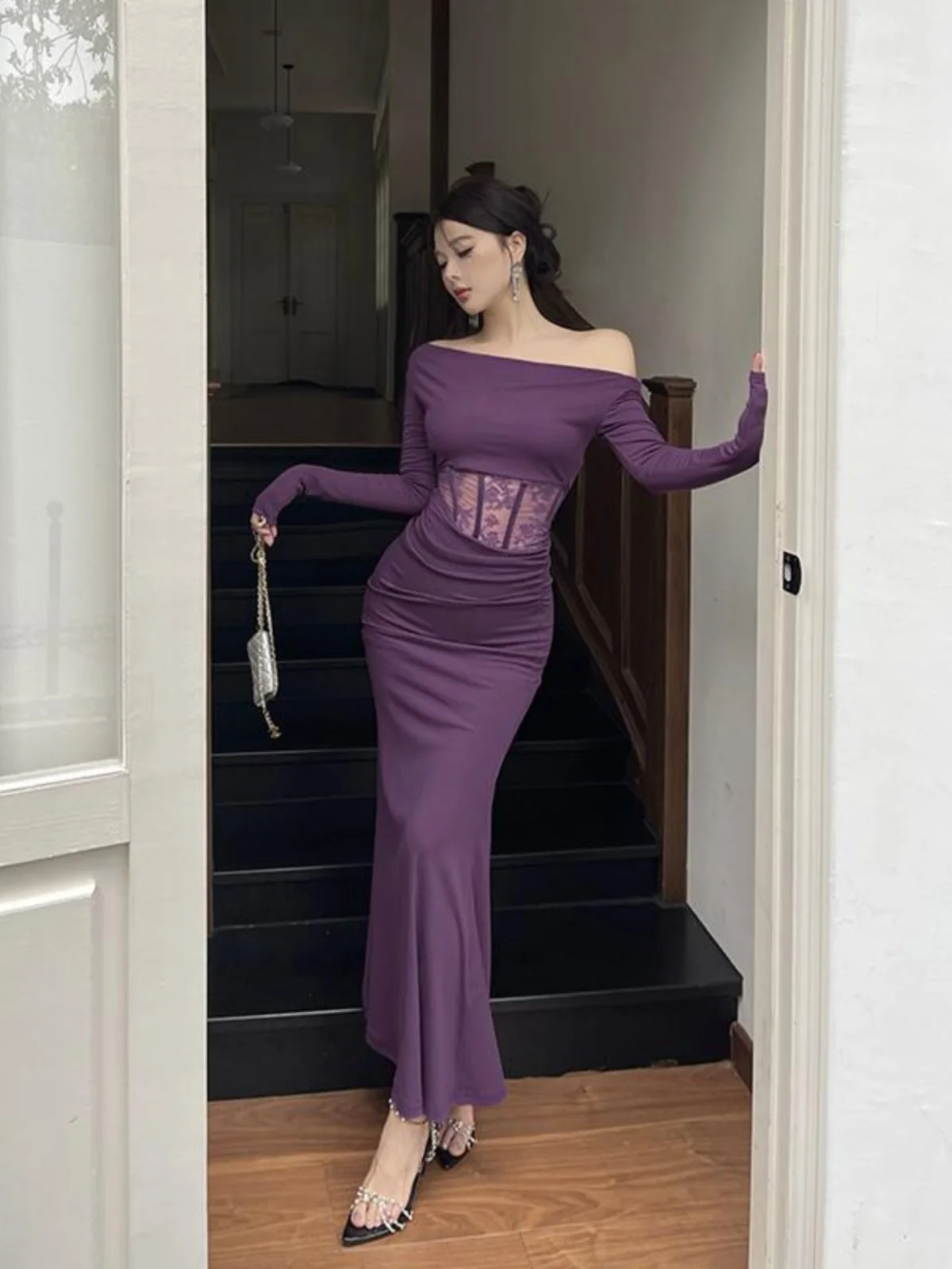 

Autumn Purple Patchwork Lace Off Shoulder Sexy Party Evening Dresses Women French Elegant Slash Neck Long Sleeves Fishtail Dress