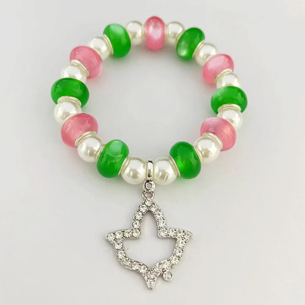 PINK&GREEN&WHITE BEAD PEARL DIAMOND IVY LEAF PENDANT BRACELET