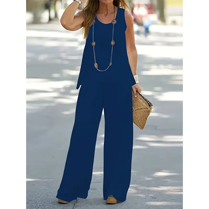 Plus Size Womens Casual Solid Round Neck Tank Top & Wide Leg Pants Outfit Set 2 Piece Wardrobe Staple for Effortless Style