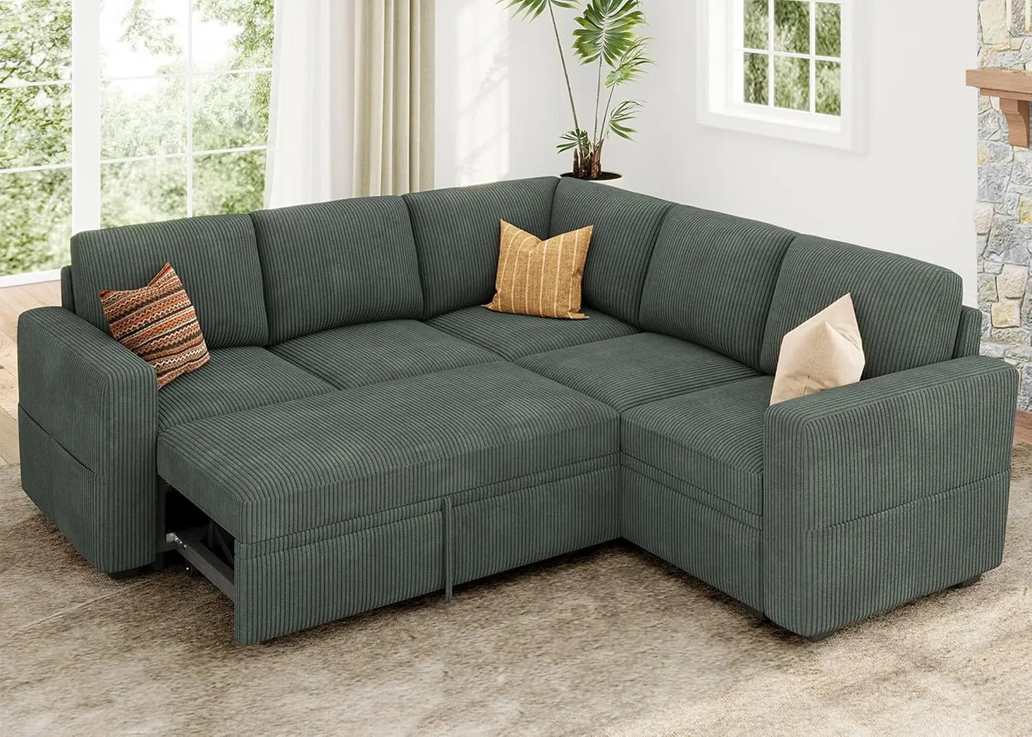 Modular Sleeper Sofa with Pull Out Bed, Corduroy L Shaped with Storage for Living Room, Green, Customized