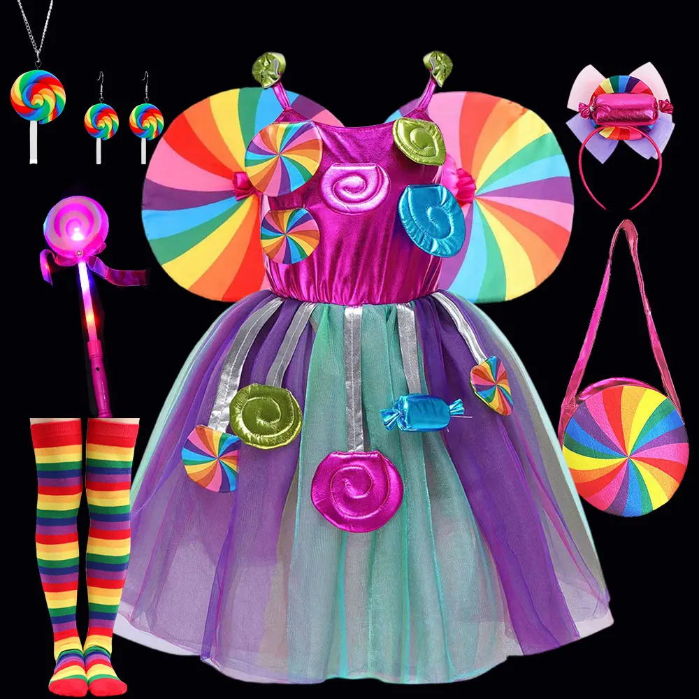 

2025 Purim Festival Candy Dress Girl Fairy Sweet Lollipop Costume Toddler Carnival Colorful Rainbow Tutu Kid Fancy Party Apparel