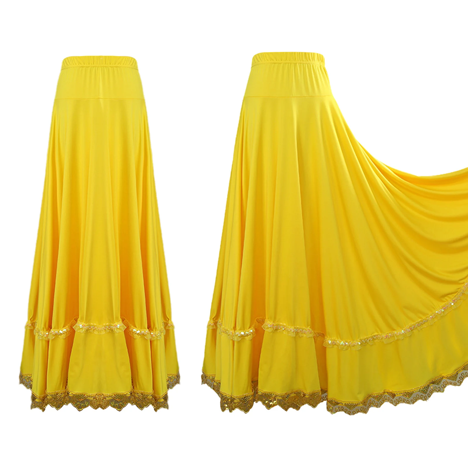Gonna lunga da donna lirica moderna per danza flamenco, gonna da ballo elastica a vita alta con volant in pizzo per sala da ballo, danza quadrata etnica